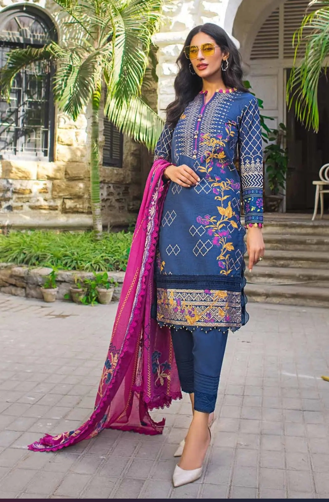 Gul Ahmed 3PC Unstitched Embroidered Gold and Lacquer Printed Suit