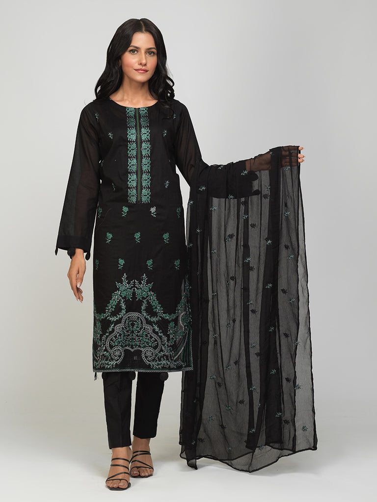 Salitex Unstitched 3pc Lawn Embroidered front with Lawn Plain Back & Sleeves & Dyed Cambric Trouser with Chiffon Embroidered Dupatta