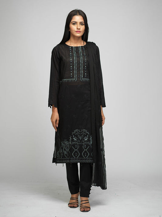 Salitex Unstitched 3pc Lawn Embroidered front with Lawn Plain Back & Sleeves & Dyed Cambric Trouser with Chiffon Embroidered Dupatta