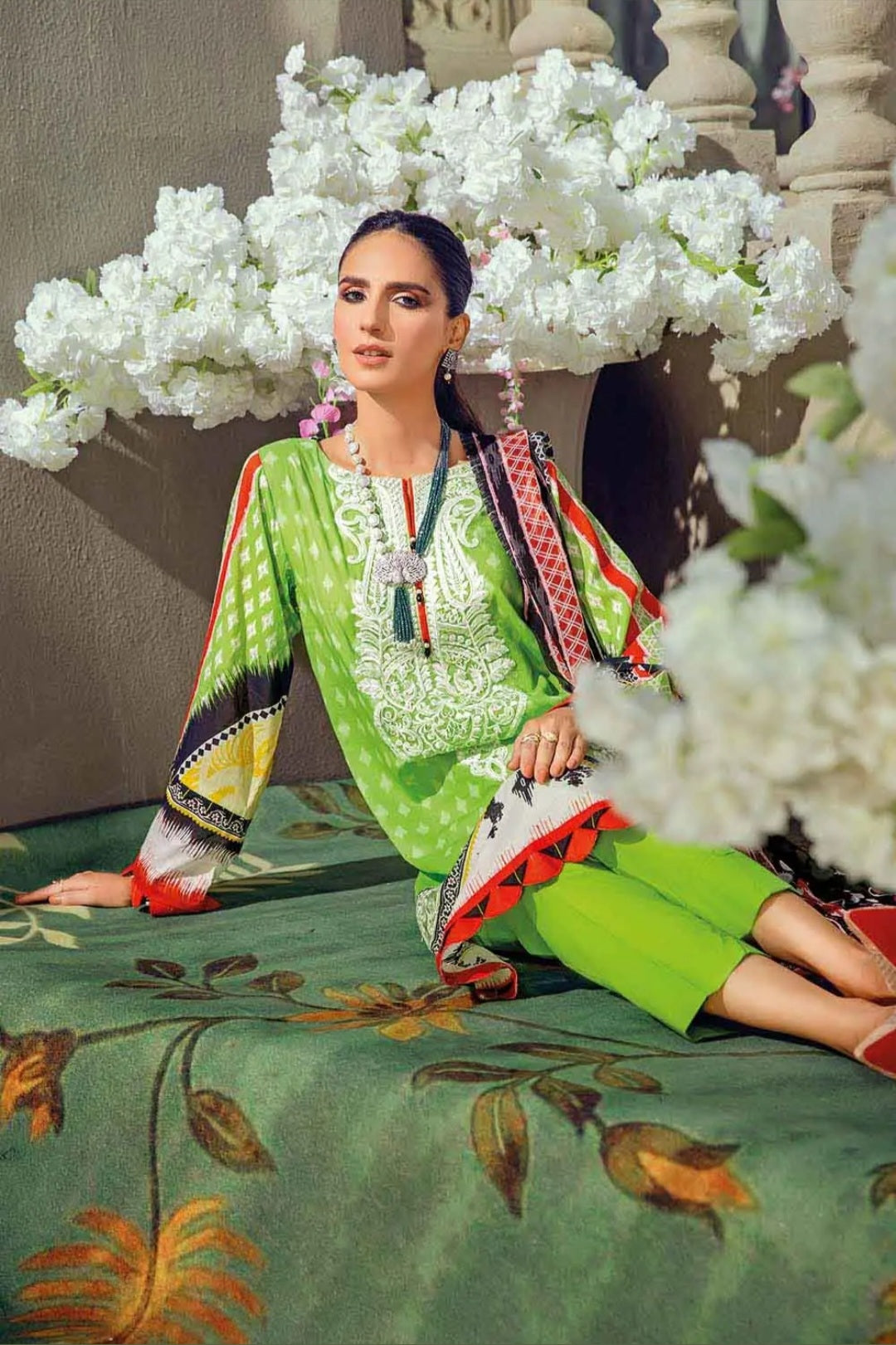 Gul Ahmed 3PC Unstitched Embroidered Lawn Suit With Digital Printed Chiffon Dupatta