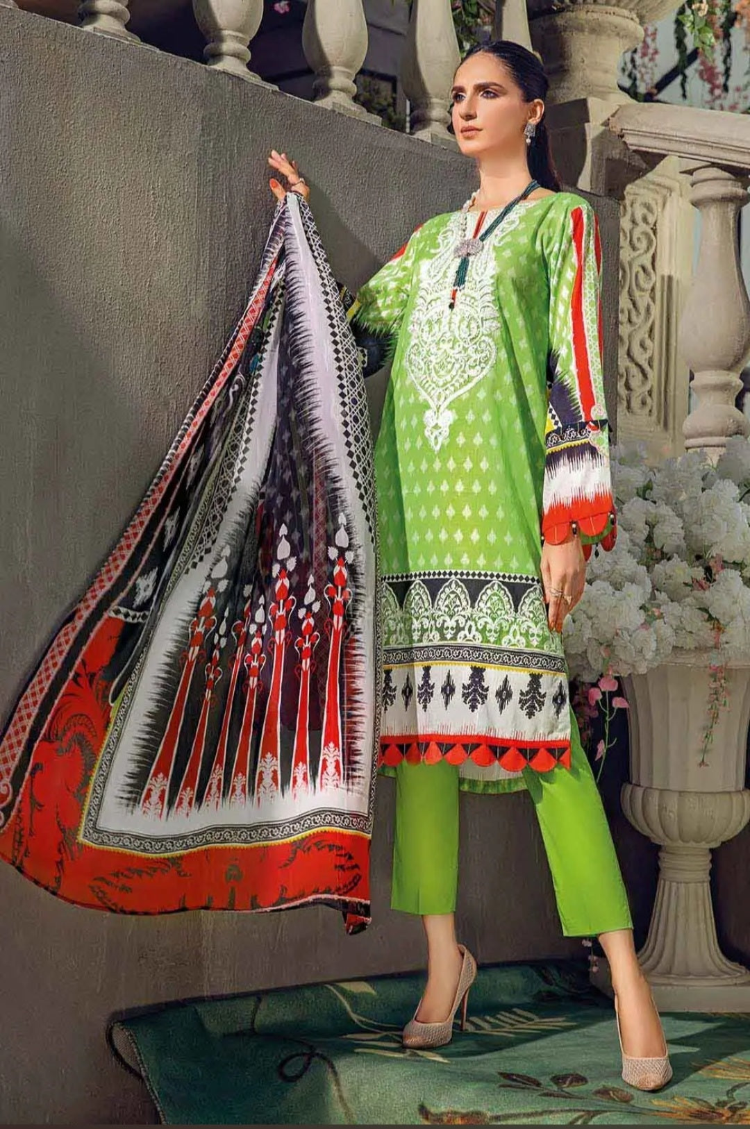 Gul Ahmed 3PC Unstitched Embroidered Lawn Suit With Digital Printed Chiffon Dupatta