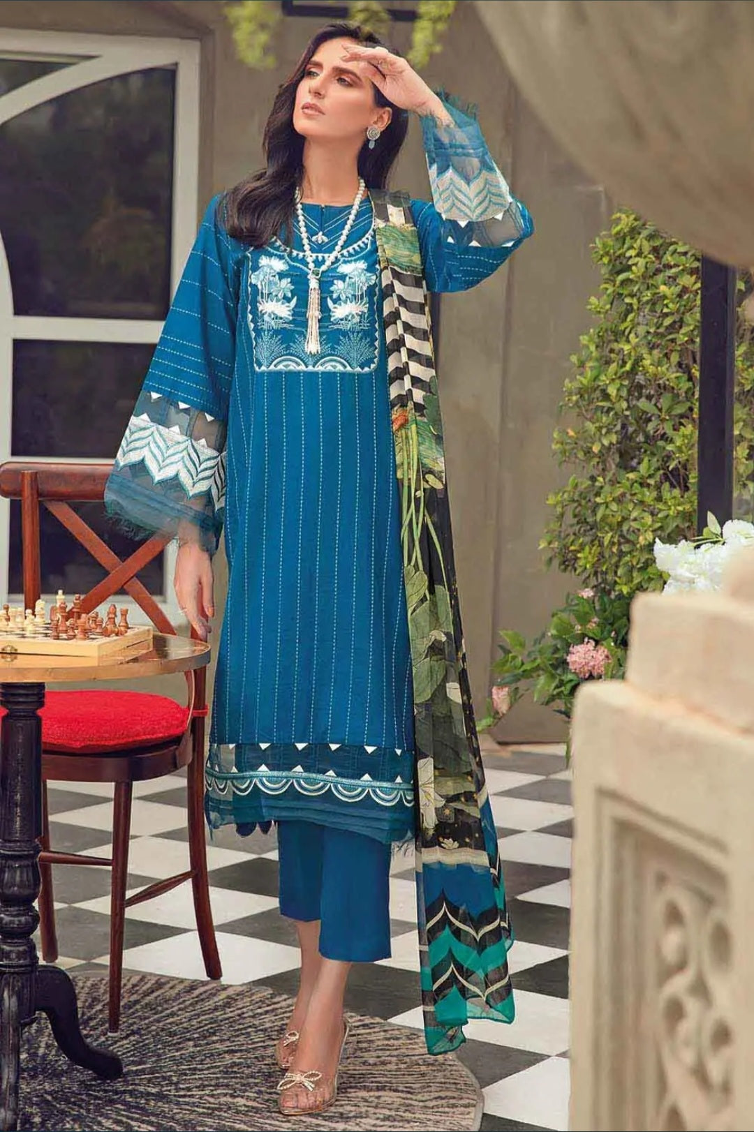 Gul Ahmed 3PC Unstitched Embroidered Lawn Suit With Digital Printed Chiffon Dupatta