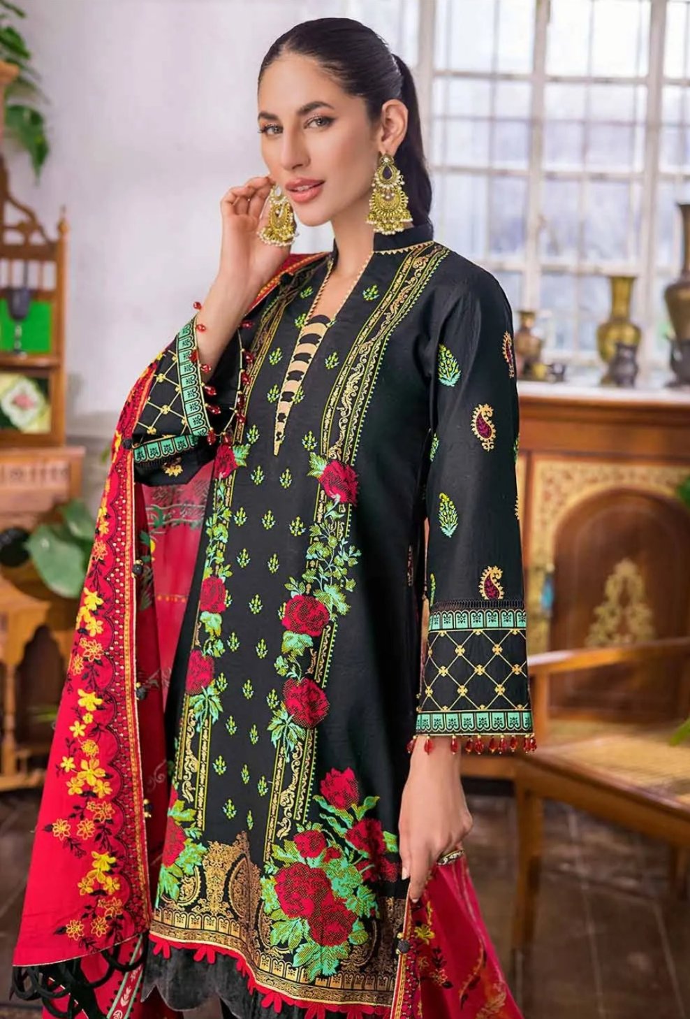 Gul Ahmed 3PC Unstitched Embroidered Gold and Lacquer Printed Suit