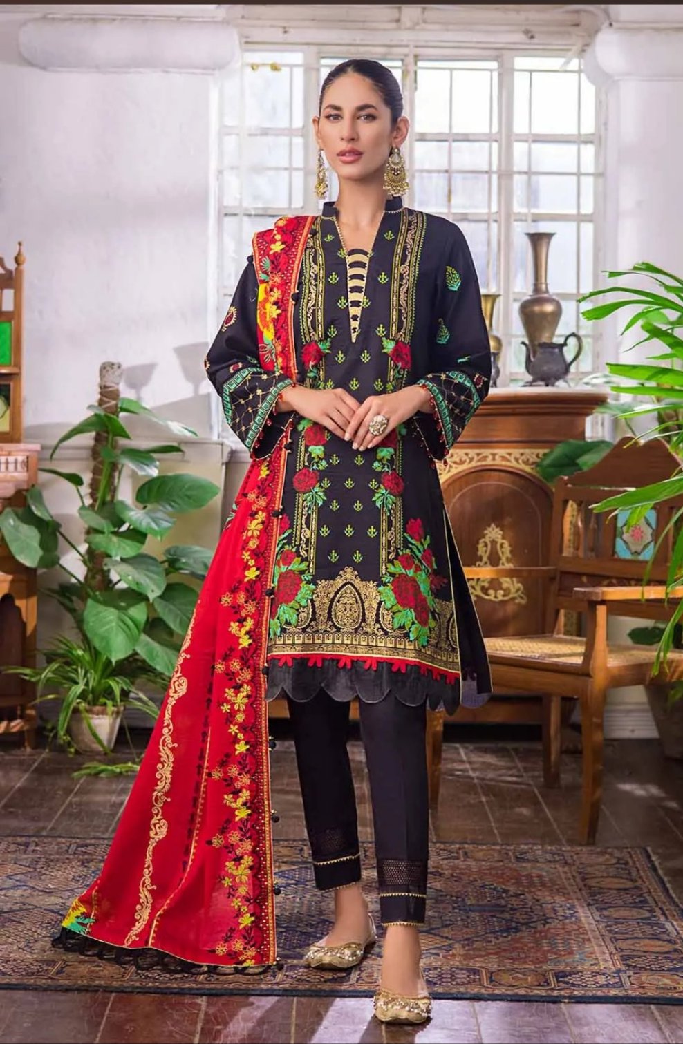 Gul Ahmed 3PC Unstitched Embroidered Gold and Lacquer Printed Suit