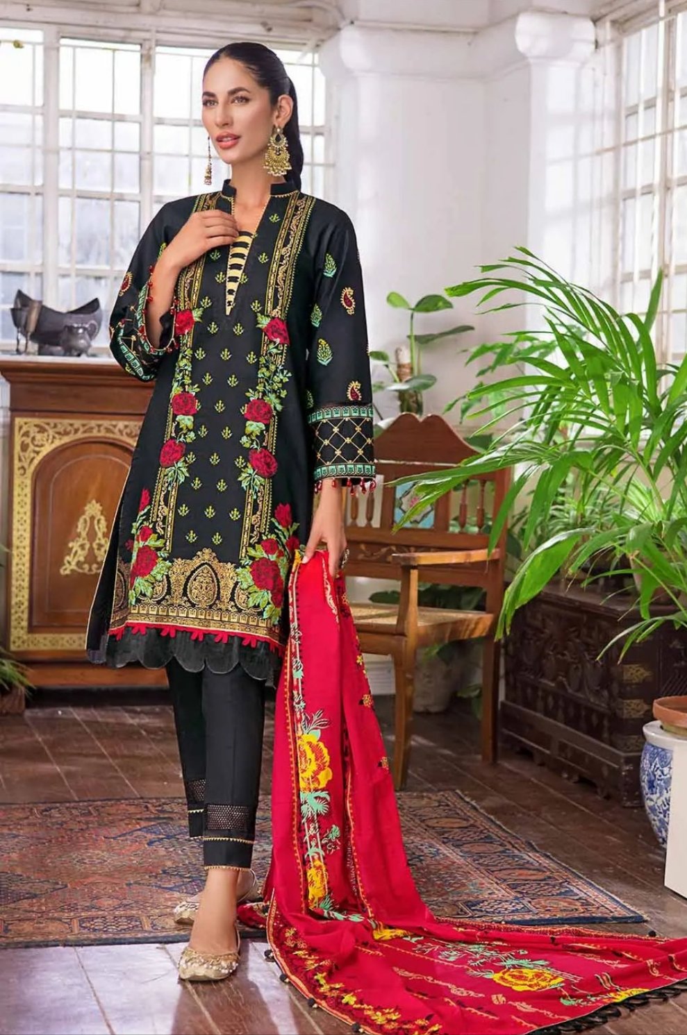 Gul Ahmed 3PC Unstitched Embroidered Gold and Lacquer Printed Suit