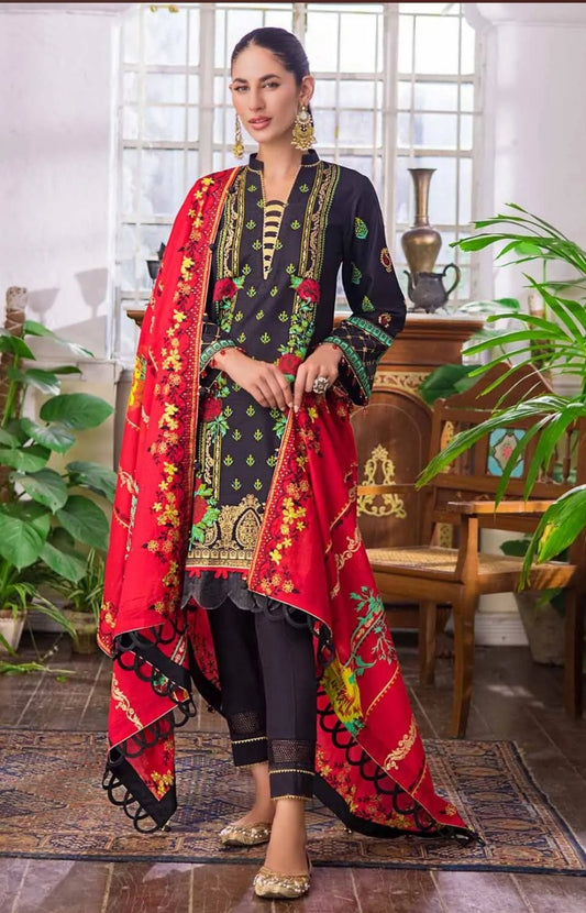 Gul Ahmed 3PC Unstitched Embroidered Gold and Lacquer Printed Suit