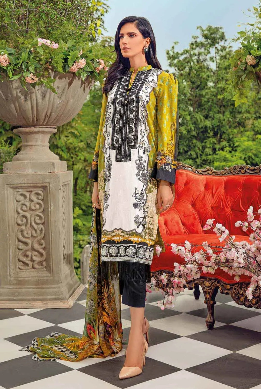 Gul Ahmed 3PC Unstitched Embroidered Lawn Suit With Digital Printed Chiffon Dupatta