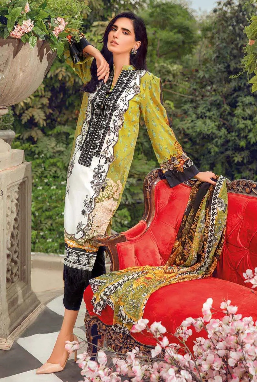 Gul Ahmed 3PC Unstitched Embroidered Lawn Suit With Digital Printed Chiffon Dupatta