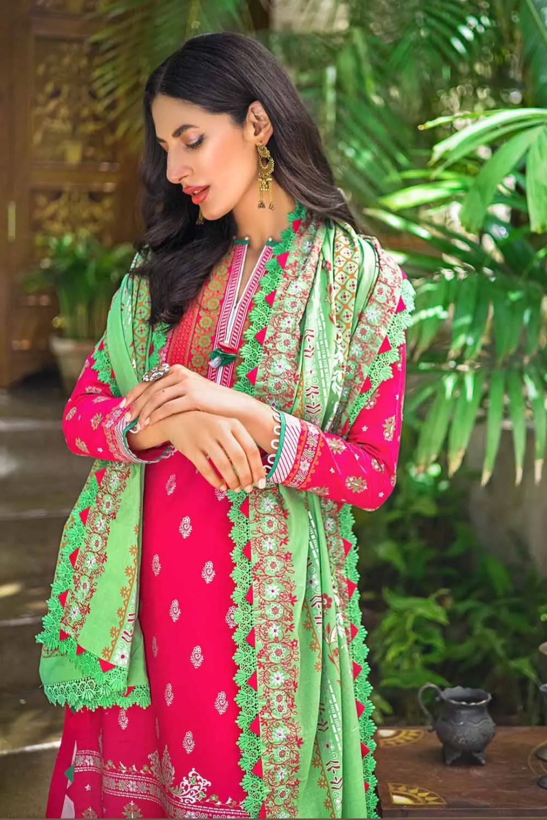 Gul Ahmed 3PC Unstitched Embroidered Gold and Lacquer Printed Suit