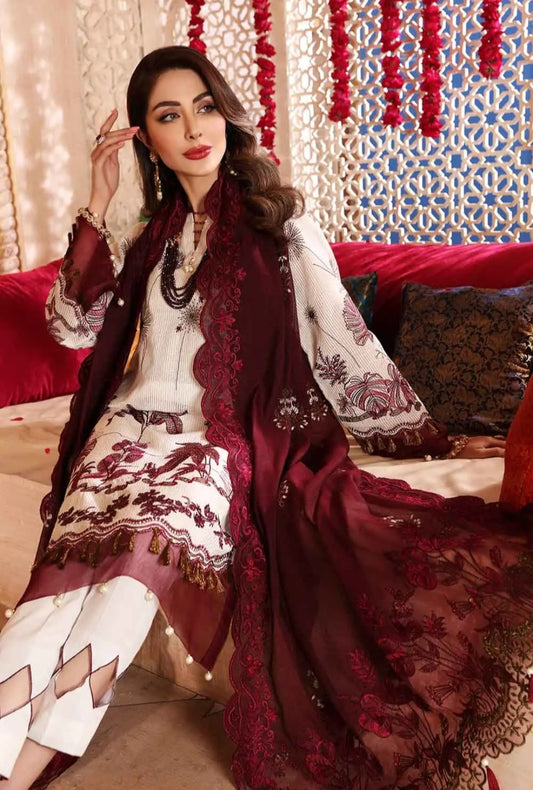 Gul Ahmed 3PC Unstitched Embroidered Luxury Cotton Suit with Glitter & Lacquer Printed Khaddi Net Dupatta