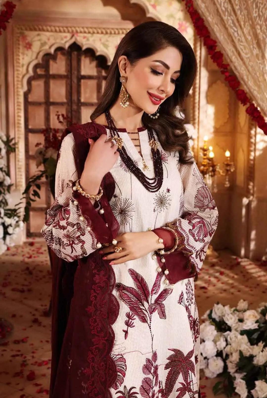 Gul Ahmed 3PC Unstitched Embroidered Luxury Cotton Suit with Glitter & Lacquer Printed Khaddi Net Dupatta