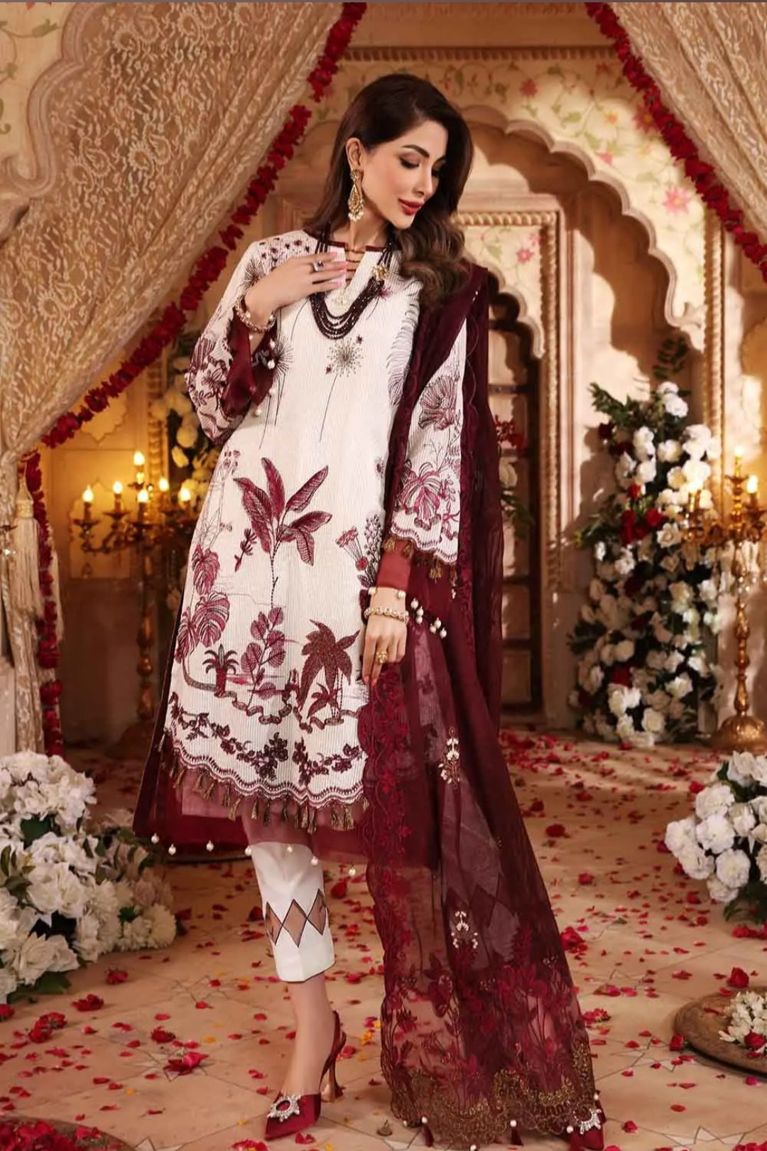 Gul Ahmed 3PC Unstitched Embroidered Luxury Cotton Suit with Glitter & Lacquer Printed Khaddi Net Dupatta