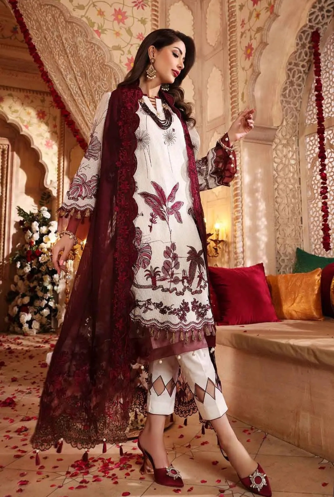 Gul Ahmed 3PC Unstitched Embroidered Luxury Cotton Suit with Glitter & Lacquer Printed Khaddi Net Dupatta