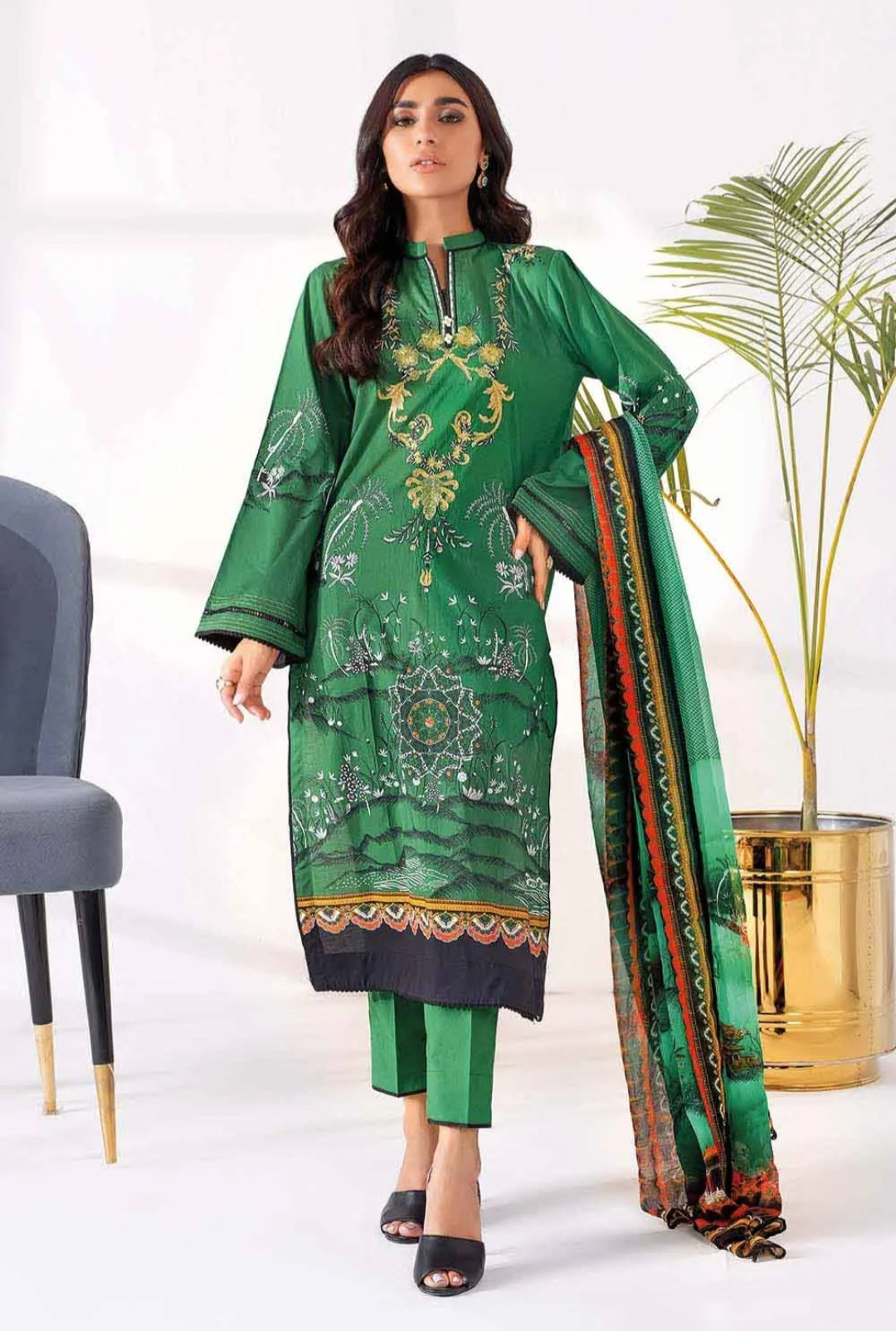 GUL AHMED 3PC Unstitched Embroidered Lawn Suit With Digital Printed Chiffon Dupatta