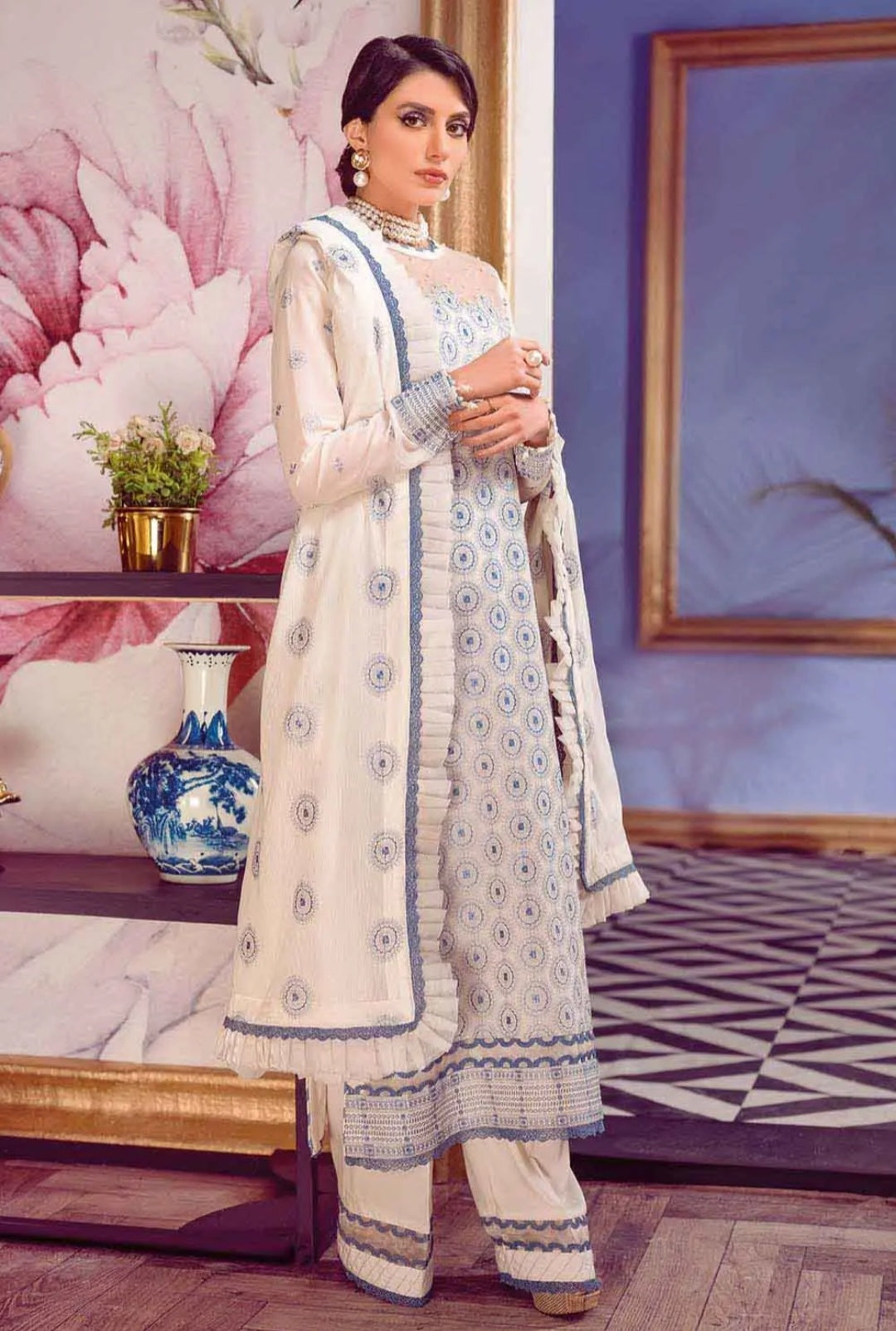 GUL AHMED 3PC Swiss Voile Unstitched Embroidered Suit With Embroidered Denting Lawn Dupatta