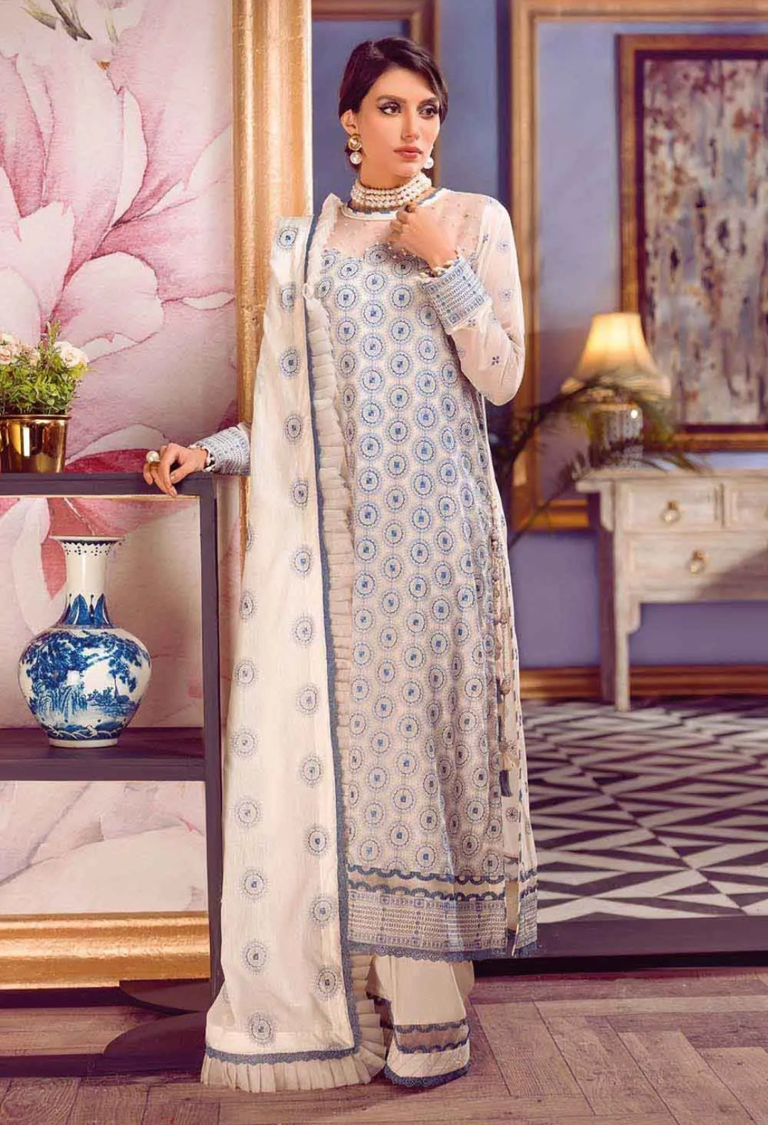 GUL AHMED 3PC Swiss Voile Unstitched Embroidered Suit With Embroidered Denting Lawn Dupatta