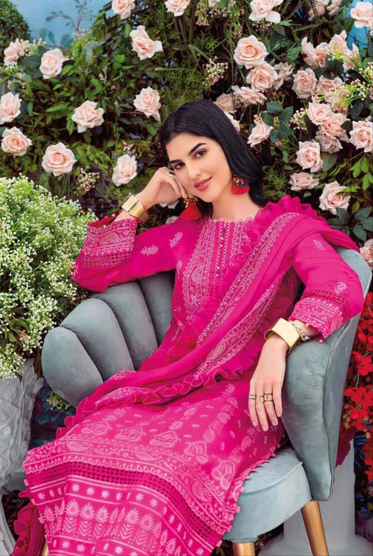 GUL AHMED 3PC Embroidered Lawn Unstitched Suit With Embroidered Chiffon Dupatta