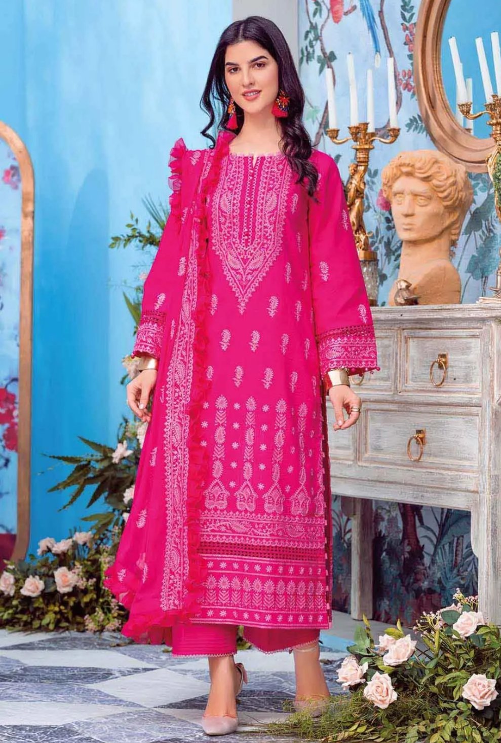 GUL AHMED 3PC Embroidered Lawn Unstitched Suit With Embroidered Chiffon Dupatta