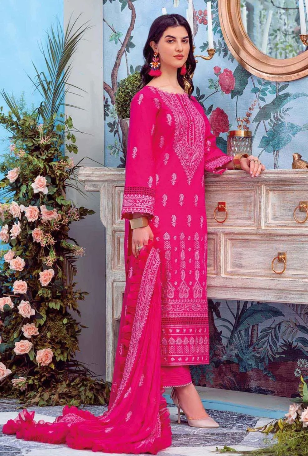 GUL AHMED 3PC Embroidered Lawn Unstitched Suit With Embroidered Chiffon Dupatta