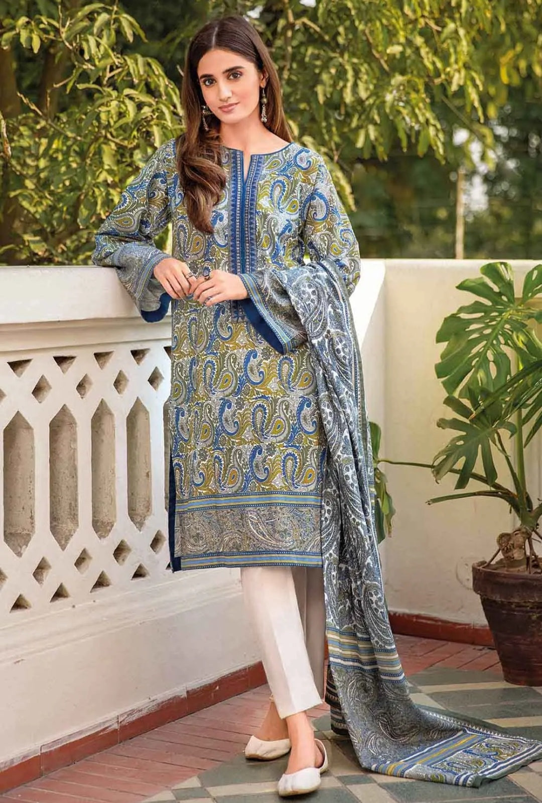 Gul Ahmed 3PC Printed Lawn Unstitched Embroidered Suit With Printed Lawn Dupatta