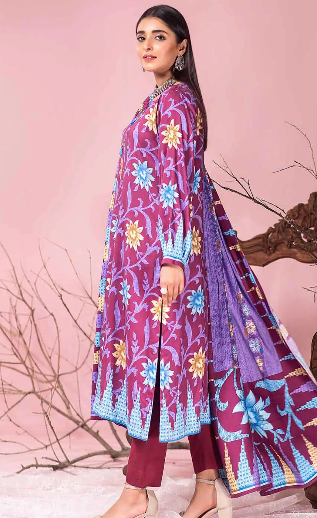 Gul Ahmed 2PC Printed Linen Shirt With Dupatta WNST-12013 B