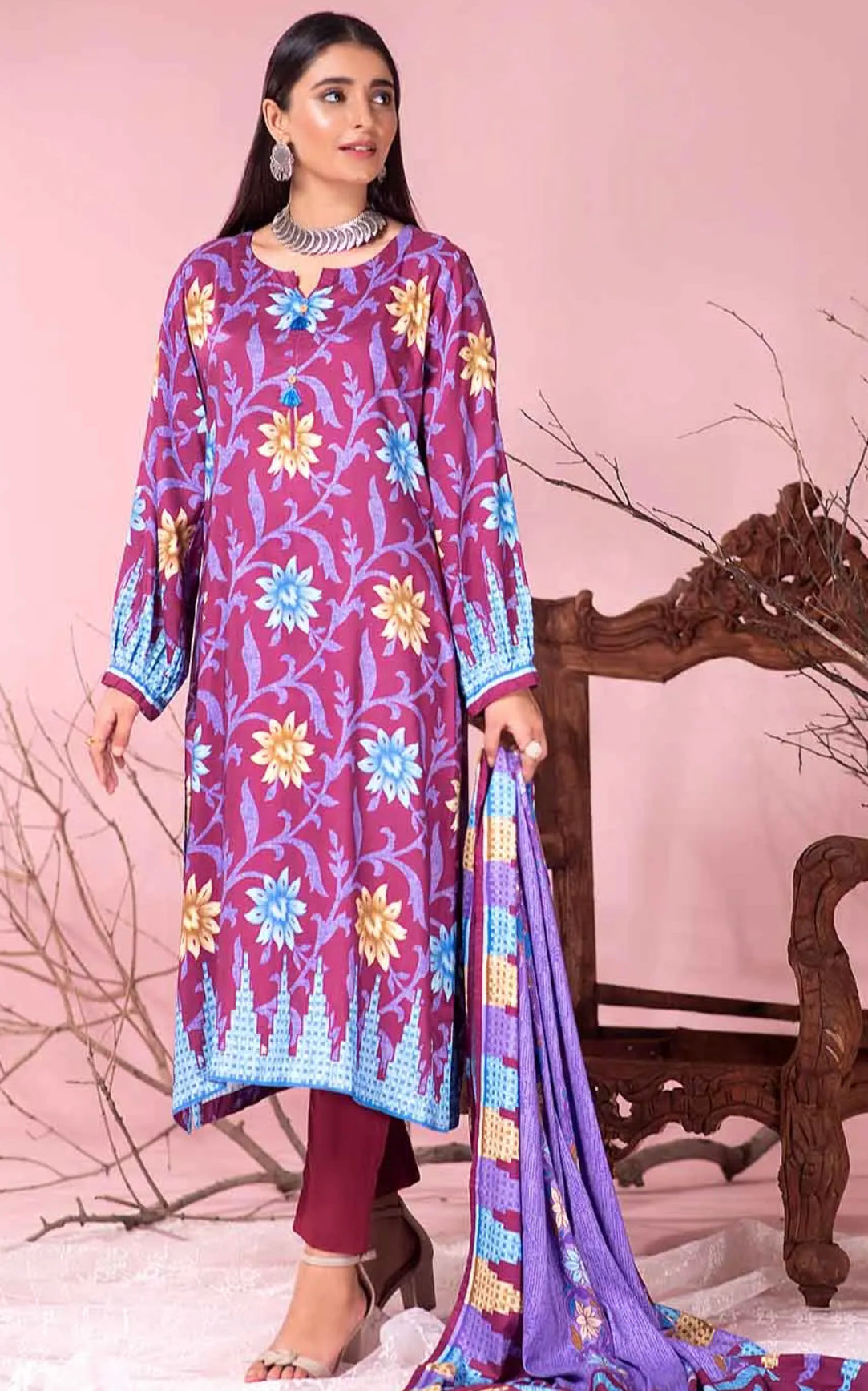 Gul Ahmed 2PC Printed Linen Shirt With Dupatta WNST-12013 B