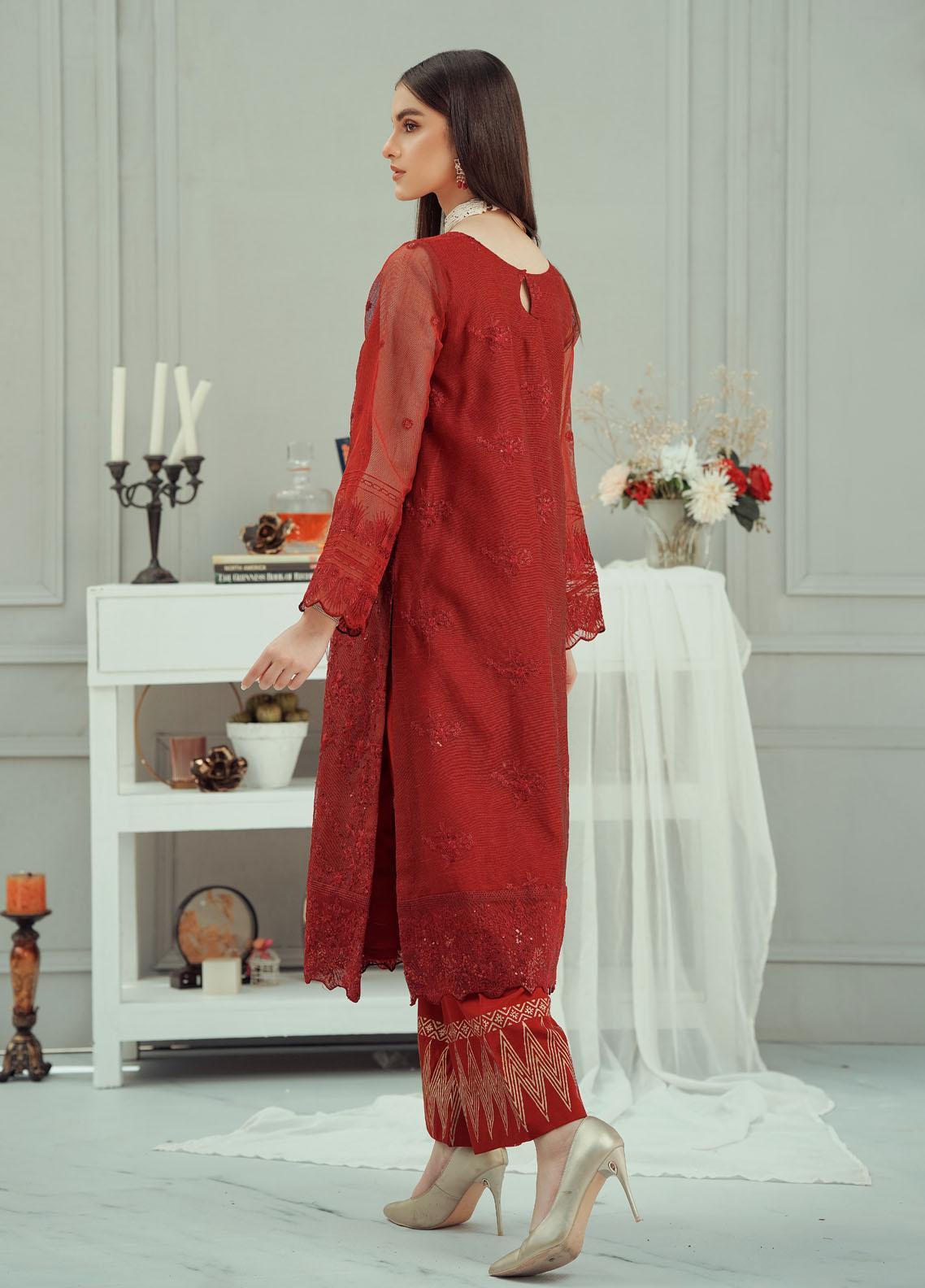 Fascino Embroidered Khaadi Net Suits Unstitched 3 Piece - SPRAKLING RED