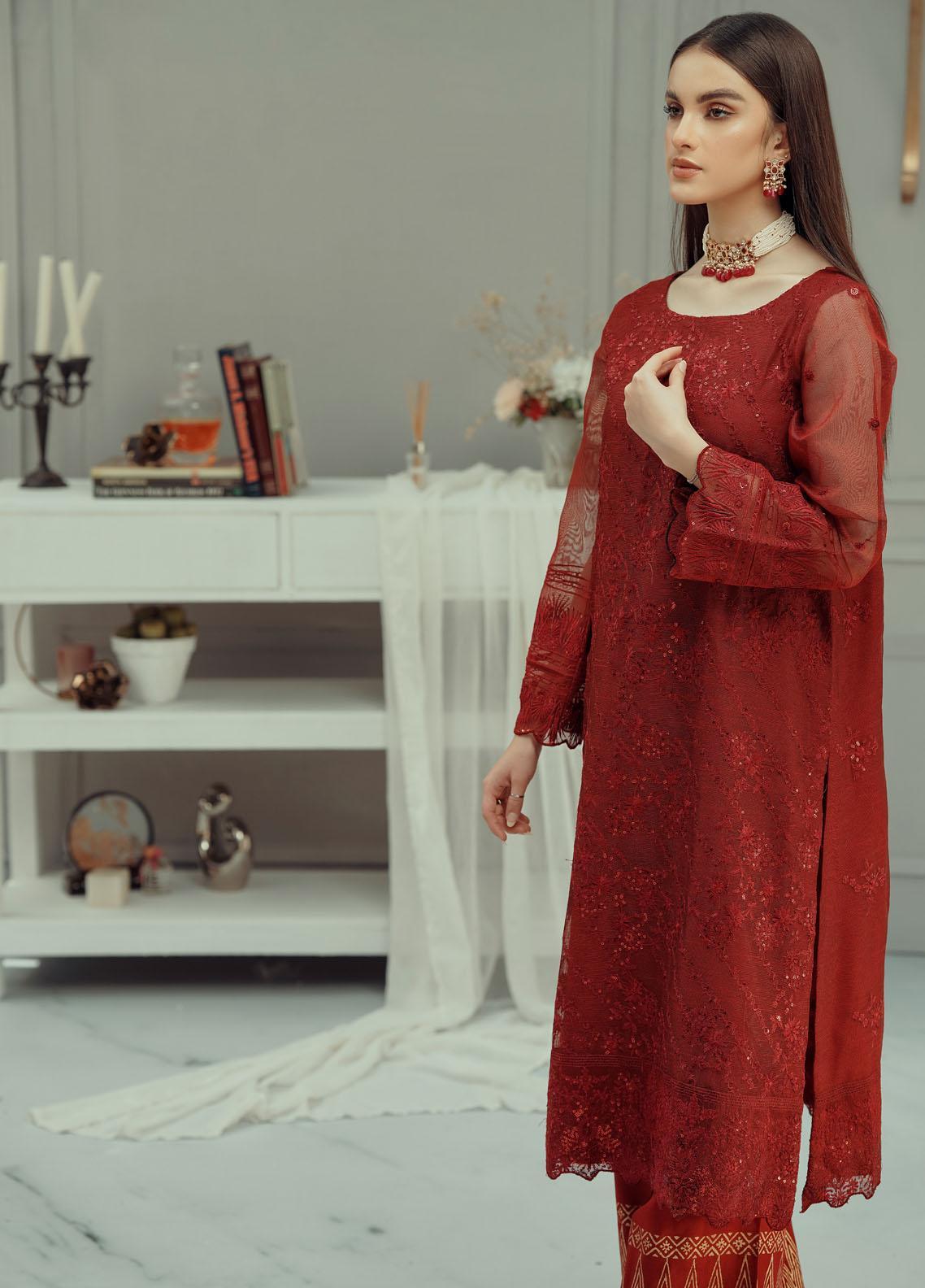 Fascino Embroidered Khaadi Net Suits Unstitched 3 Piece - SPRAKLING RED