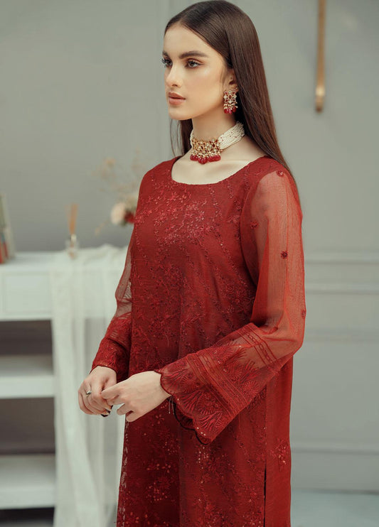 Fascino Embroidered Khaadi Net Suits Unstitched 3 Piece - SPRAKLING RED