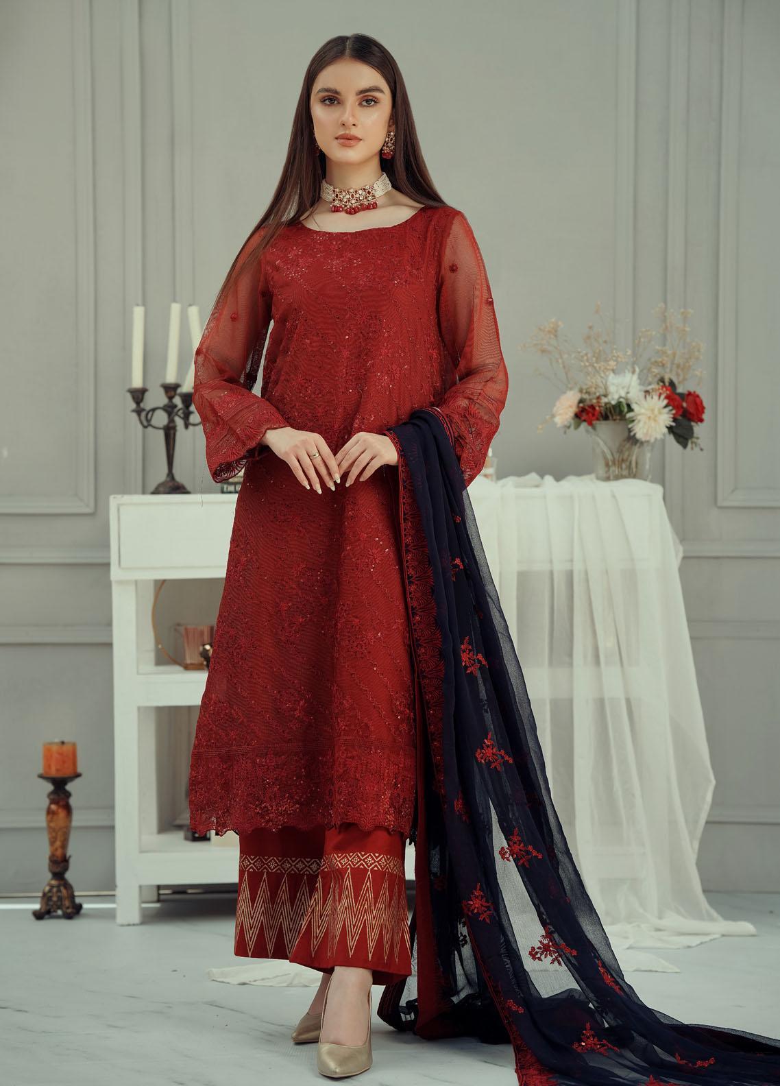 Fascino Embroidered Khaadi Net Suits Unstitched 3 Piece - SPRAKLING RED