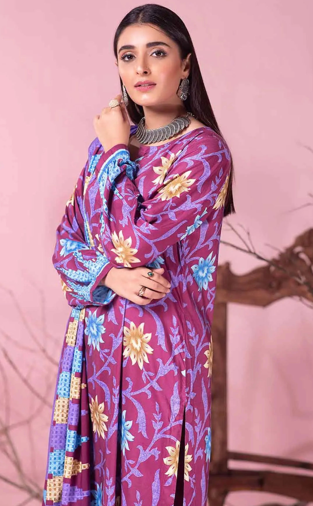 Gul Ahmed 2PC Printed Linen Shirt With Dupatta WNST-12013 B