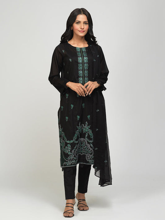 Salitex Unstitched 3pc Lawn Embroidered front with Lawn Plain Back & Sleeves & Dyed Cambric Trouser with Chiffon Embroidered Dupatta